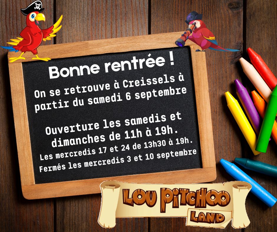 En septembre noous sommes ouverts les samedis et dimanches de 11h à 19, les mercredi 17 et 24 de 13h30 à 19h. Nous sommes fermés les mercredis 3 et 10 septembre.