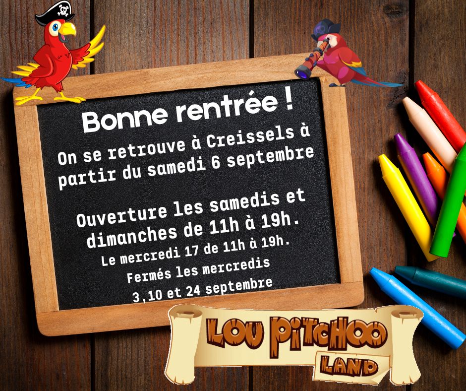 En septembre nous sommes ouverts les samedi et dimanche de 11h à 19h et le mercredi 17 de 11h à 19h.
