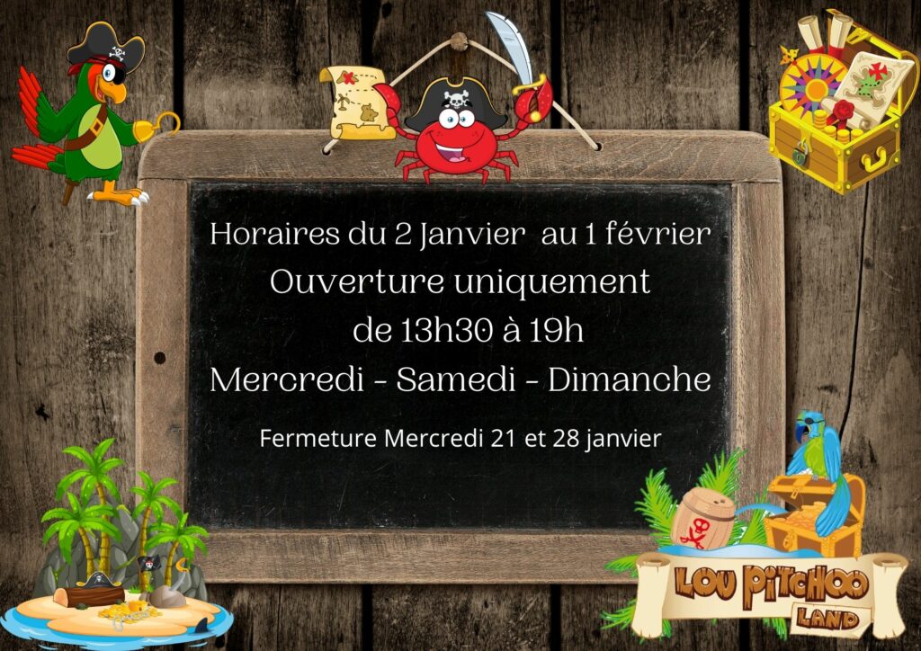 En janvier nous sommes ouverts de 13h30 à 19h les mercredi, samedi et dimanche. Fermeture les mercredis 21 et 28 janvier